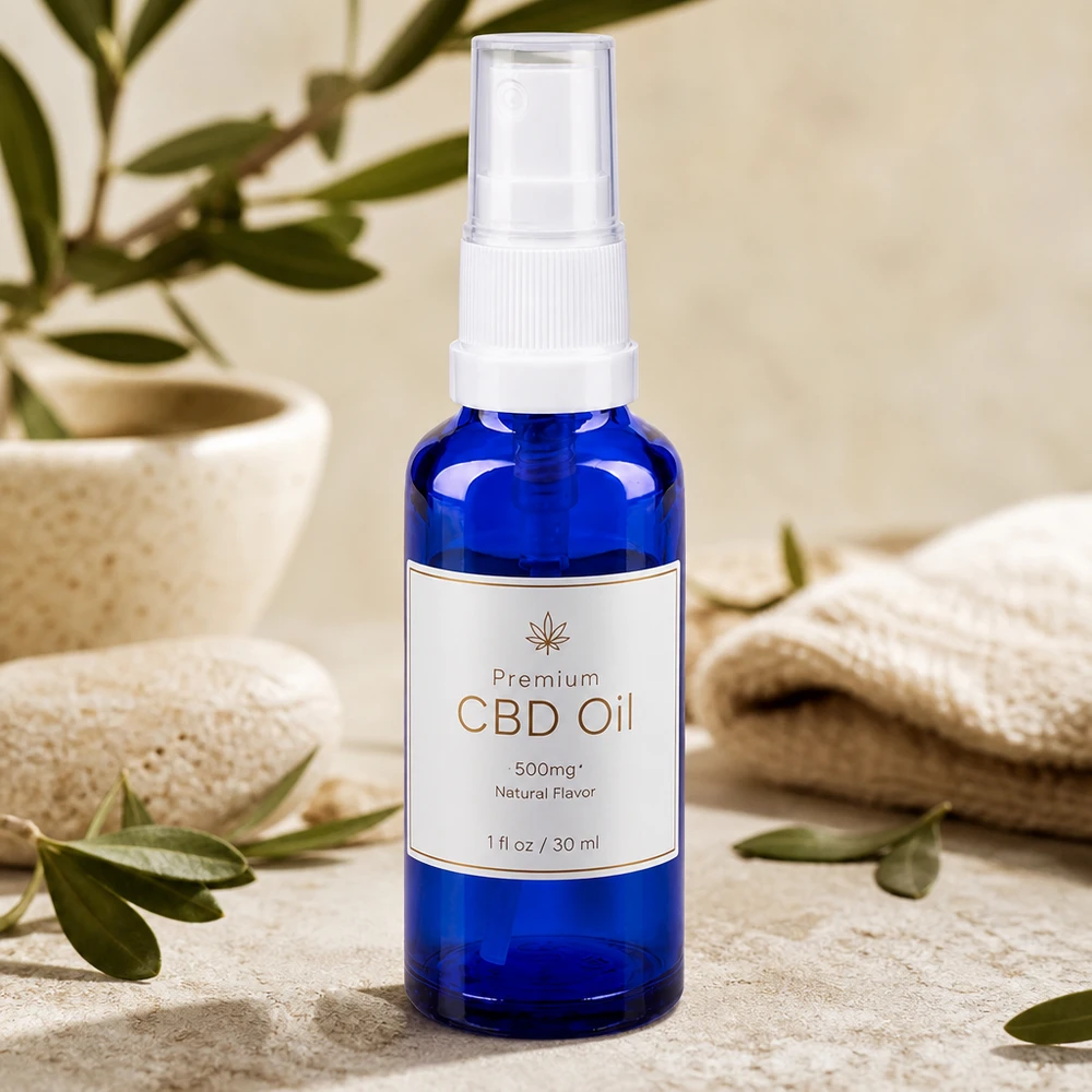 Frasco de farmácia azul de 10 ml com pulverizador para óleo de CBD 500 mg, sabor natural, 30 ml