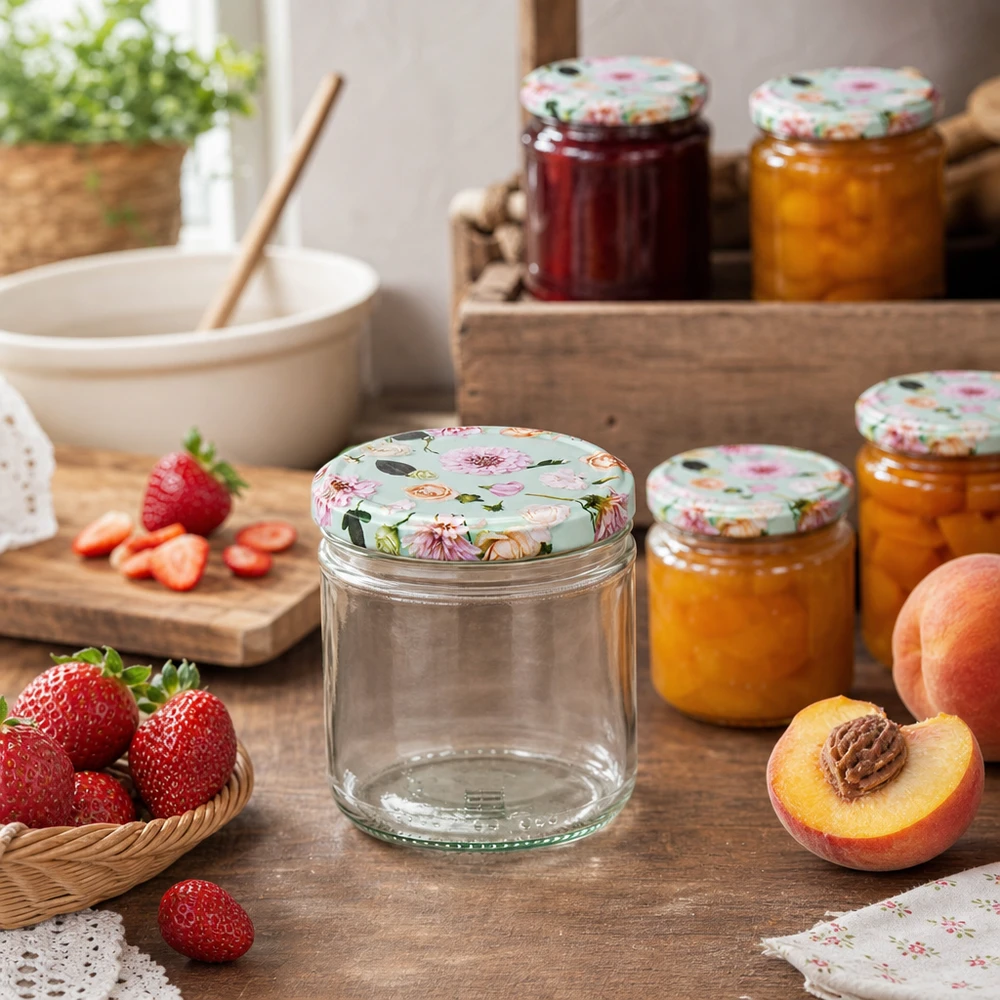 Frasco cilíndrico de 230 ml com tampa BasicSeal flor de menta em cena de cozinha com fruta fresca e compotas caseiras