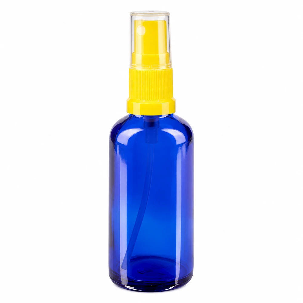Frasco de vidro azul com pulverizador de 50 ml e cabeça de pulverização amarela para farmácias e cosméticos