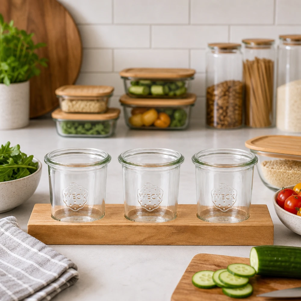 Tábua de servir Plano3 com 3 copos Weck de 140 ml Tábua de servir Plano3 com frascos WECK de 140 ml vazios numa cozinha moderna ao lado de latas de legumes e de armazenamento