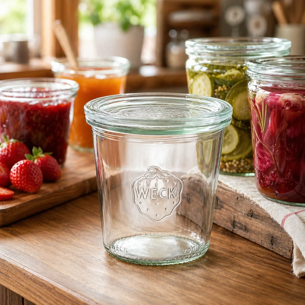 290ml Sturzglas hoch mit Glasdeckel WECK RR80 Frasco de conserva WECK 290ml na cozinha com compotas e conservas coloridas como exemplo de aplicação para armazenamento