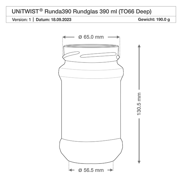 Frasco redondo de 390ml sem tampa (TO66deep) UNiTWIST Desenho técnico UNiTWIST Runda390 vidro redondo 390ml TO66 Deep com dimensões 65mm diâmetro 130,5mm altura