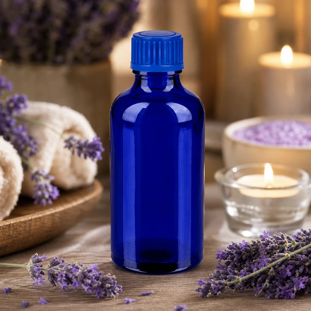 Frasco de vidro azul-cobalto de 50 ml SV azul STD BlueLine com proteção UV para cosméticos e bem-estar