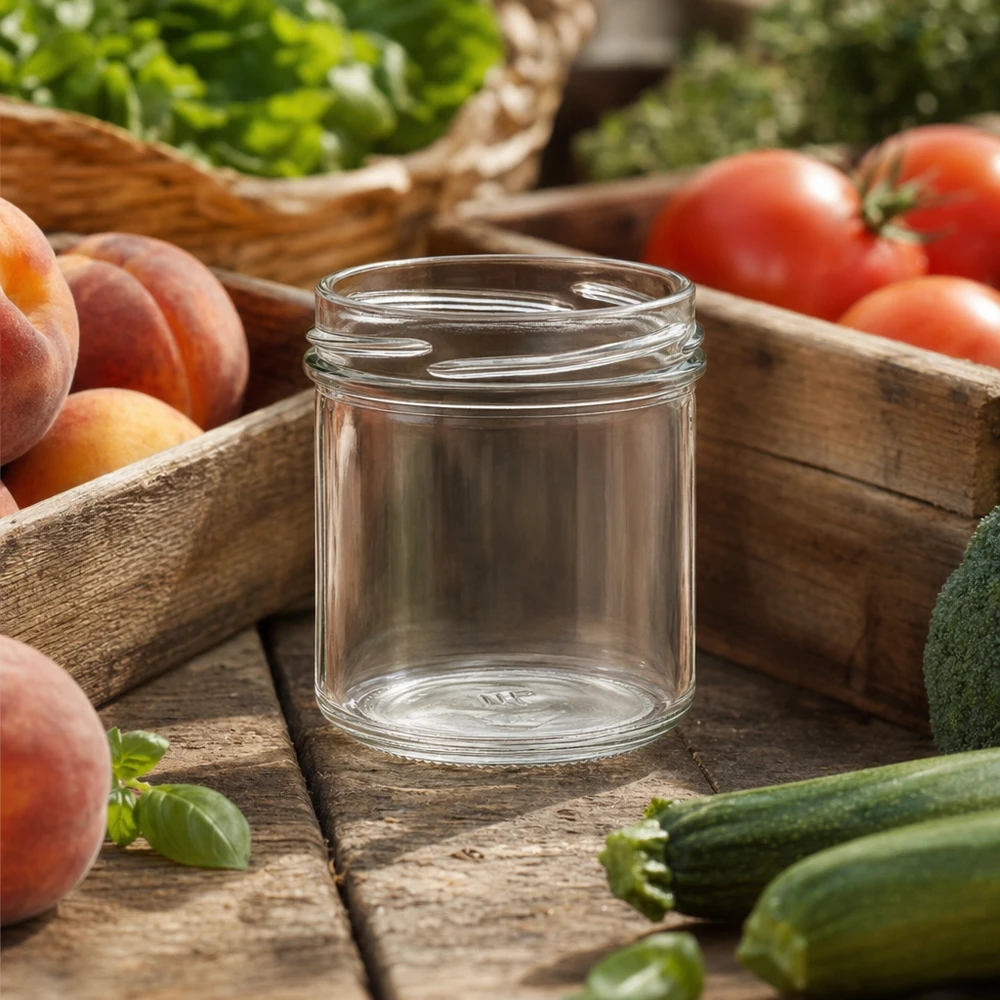 Copos de vidro de 167ml sem tampa (TO66) UNiTWIST Copos UNiTWIST vazios de 167 ml TO66 numa mesa de madeira com tomates frescos, pêssegos e legumes para conservar