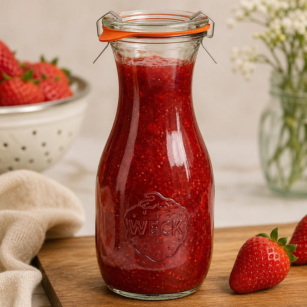 Garrafa para sumo de 530 ml completa WECK RR60 A garrafa de sumo WECK de 530 ml cheia de compota de morango mostra a utilização prática do frasco de conserva RR60