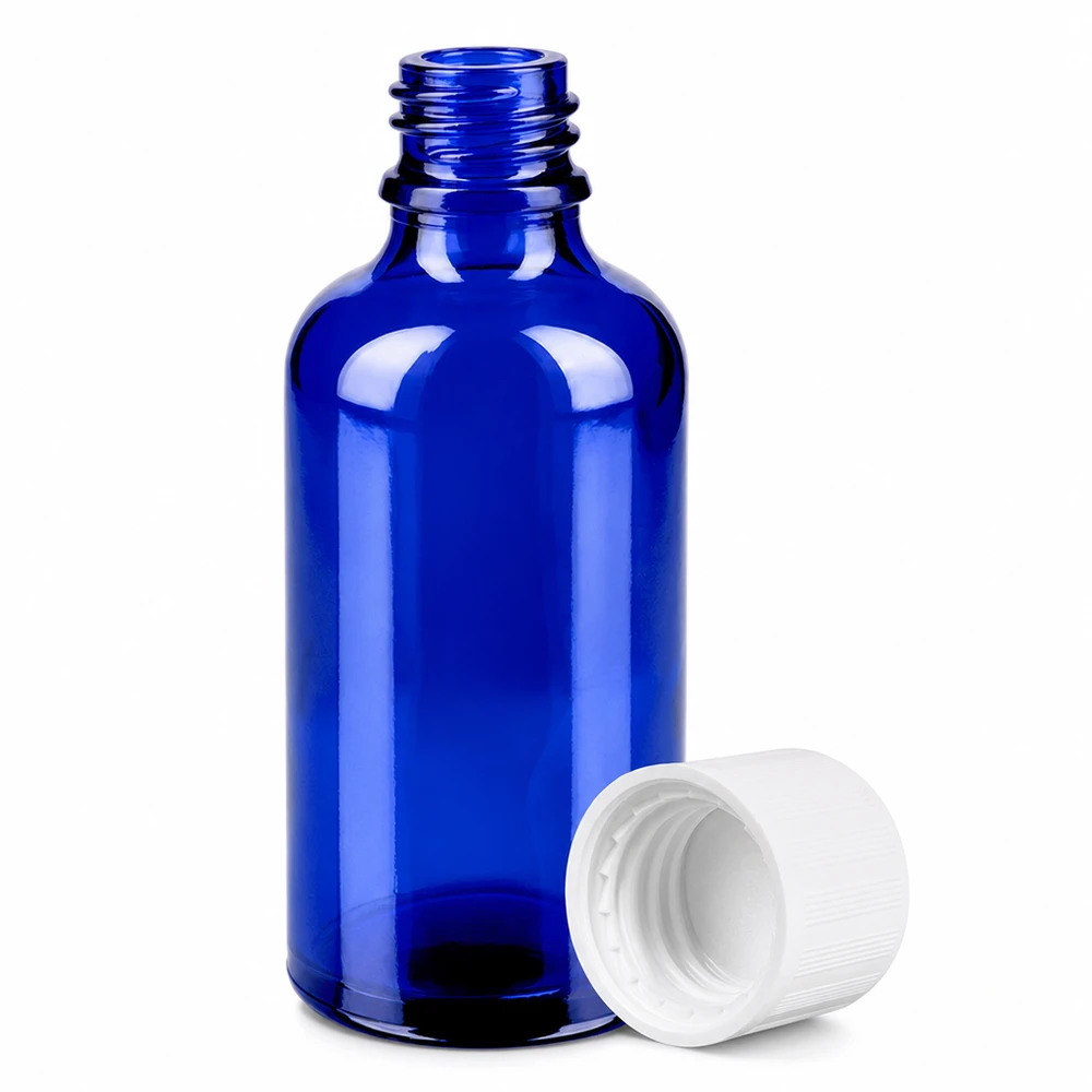 Frasco de 50ml 11mm tampa de rosca branca padrão resistente a crianças BlueLine UT18/50 Frasco de vidro azul-cobalto de 50 ml com rosca para aplicações farmacêuticas e cosméticas