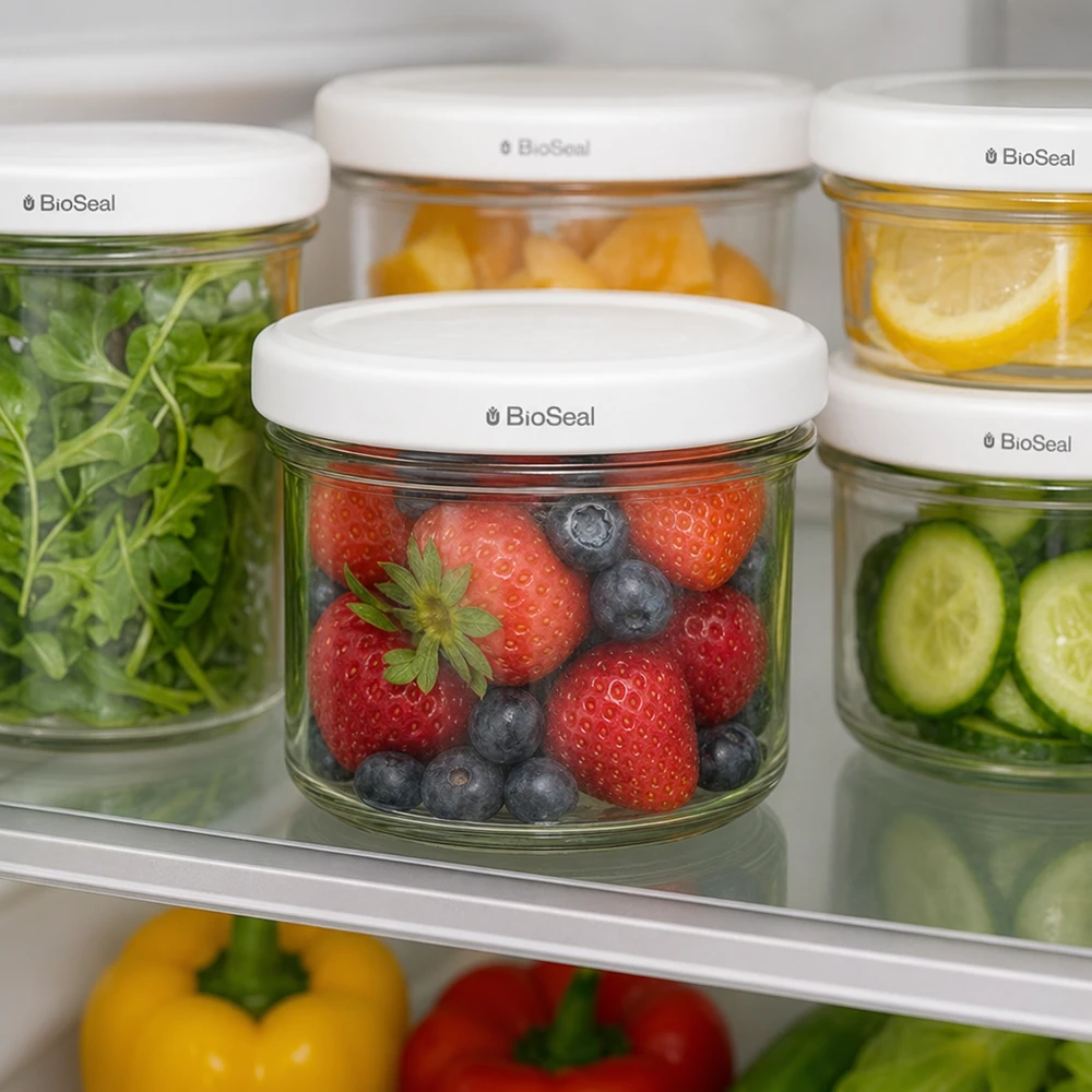 Copos de vidro de 125 ml com tampa BioSeal branca UNiTWIST Copos UNiTWIST de 125 ml para frigorífico para guardar alimentos frescos, fruta e legumes TO66 Conjunto de tampas BioSeal