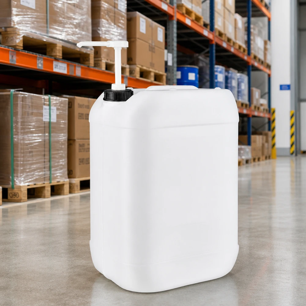 Bidão de 25 L, adequado para alimentos, com dispensador de bomba, em plástico HDPE branco, no armazém