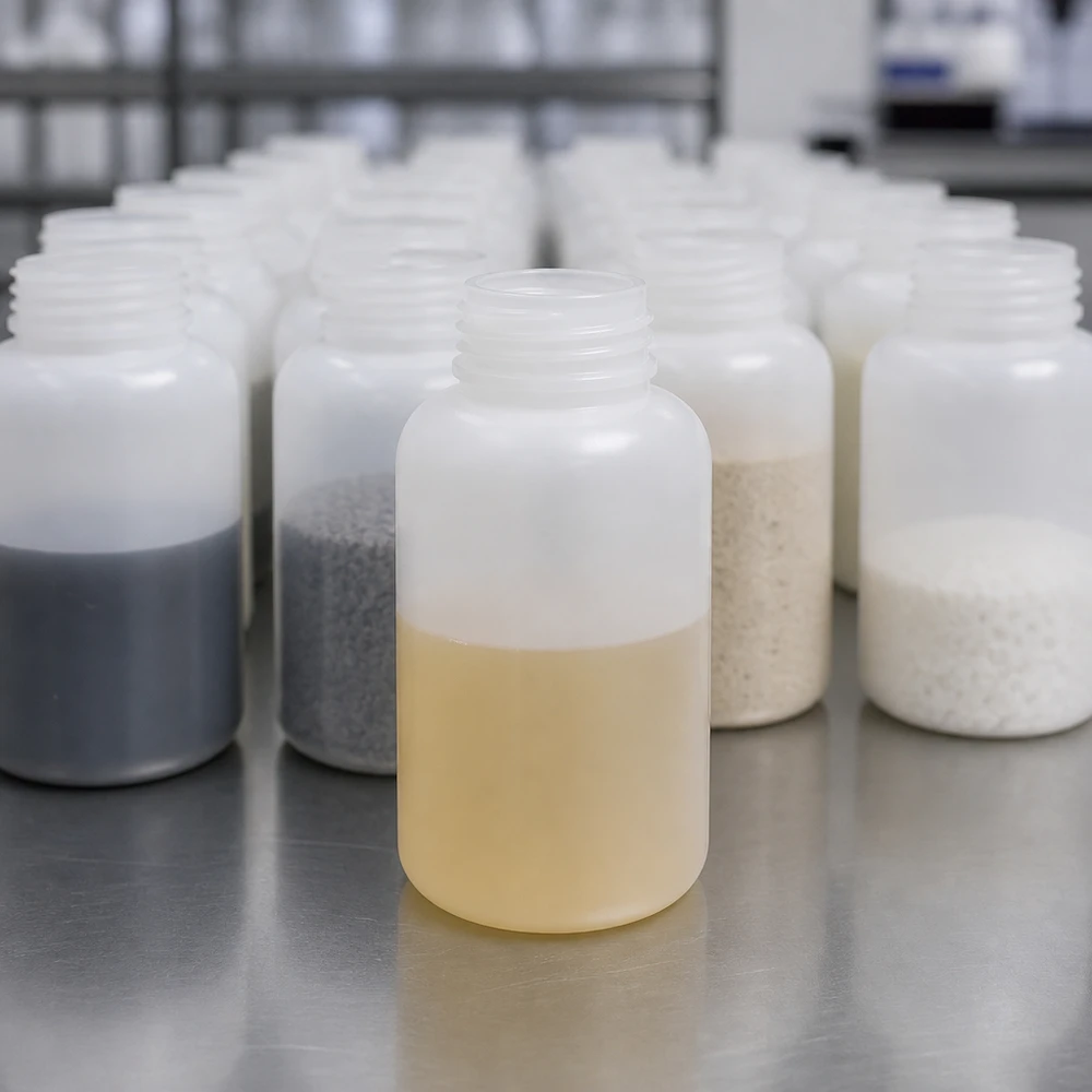 Frasco de laboratório de 500 ml com gargalo largo e sem tampa Frasco de laboratório de gargalo largo de 500 ml, com um líquido amarelado a encher-lhe metade, sem tampa