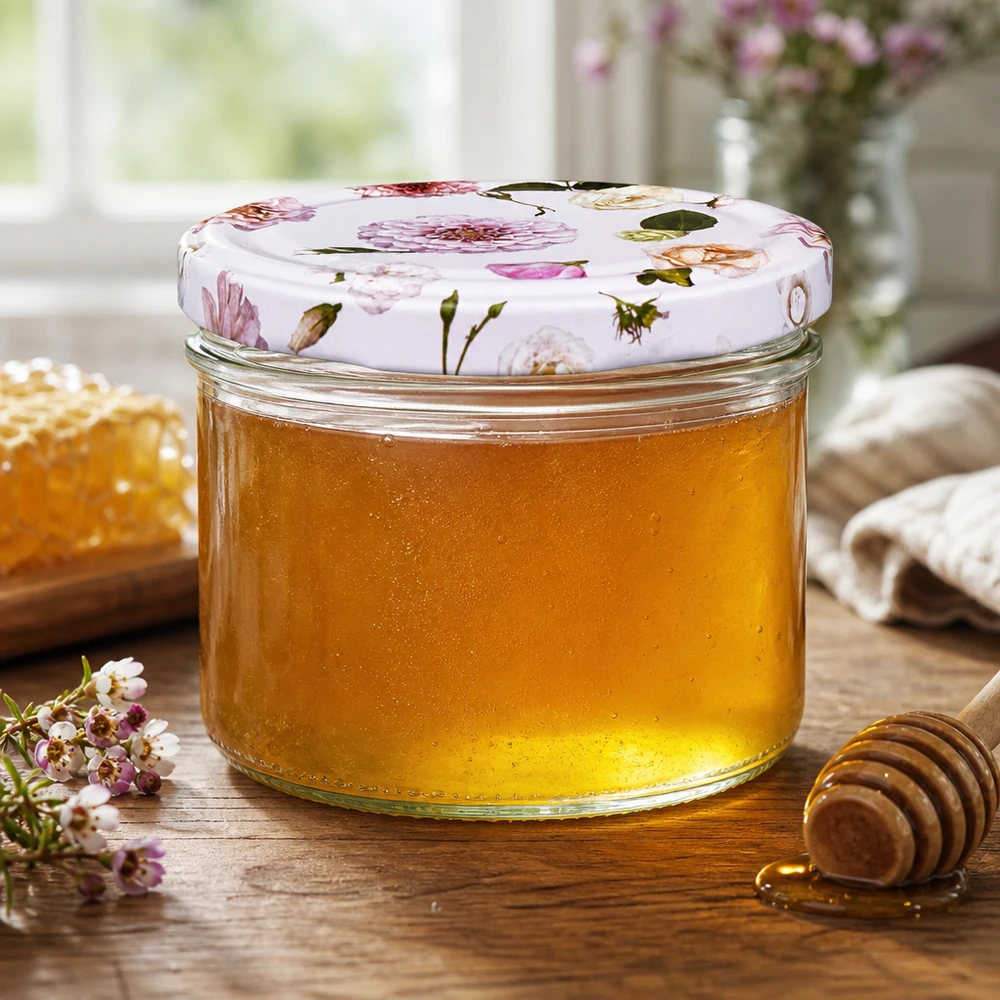 Frasco cilíndrico de 230 ml + tampa BasicSeal cor-de-rosa Frasco de mel de 230 ml com tampa BasicSeal flor rosa - mel dourado com colher de mel e favo de mel na cozinha