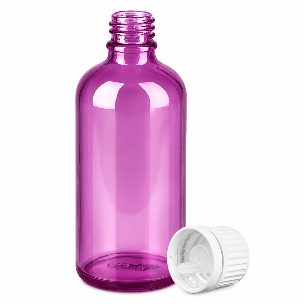 Frasco conta-gotas de plástico roxo de 100 ml com abertura de dosagem de 0,7 mm para óleos essenciais