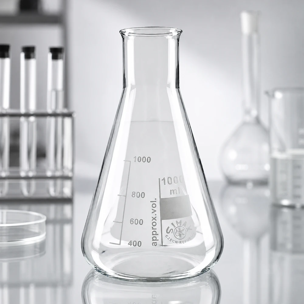 Erlenmeyer 200 ml de gargalo largo em vidro resistente ao calor para sínteses e reacções