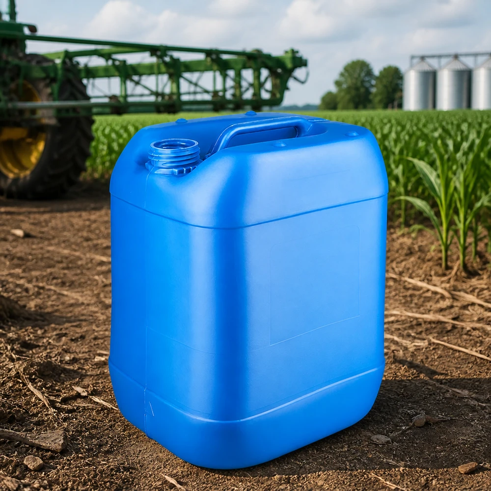 Bidon azul de 20 litros sem tampa, utilizado na agricultura junto a um pulverizador agrícola