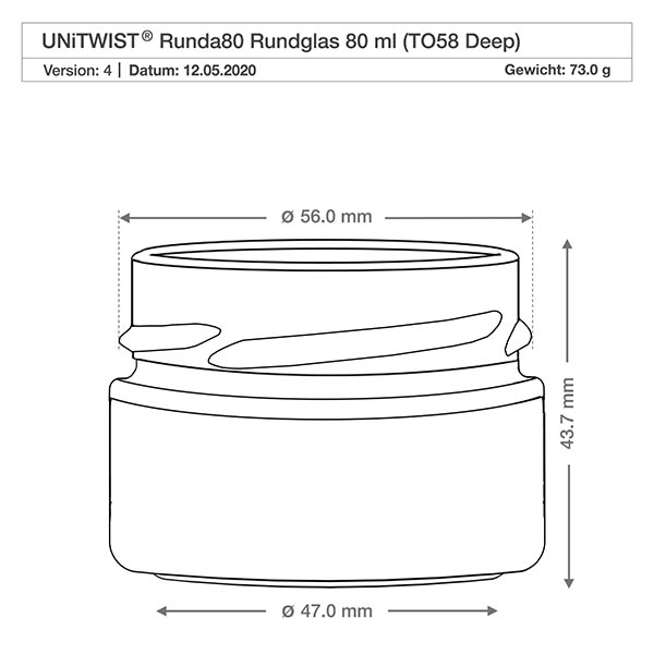 Frasco redondo de 80ml sem tampa (TO58deep) UNiTWIST UNiTWIST vidro redondo 80ml TO58 Deep com dimensões 56mm de diâmetro e 43,7mm de altura desenho técnico