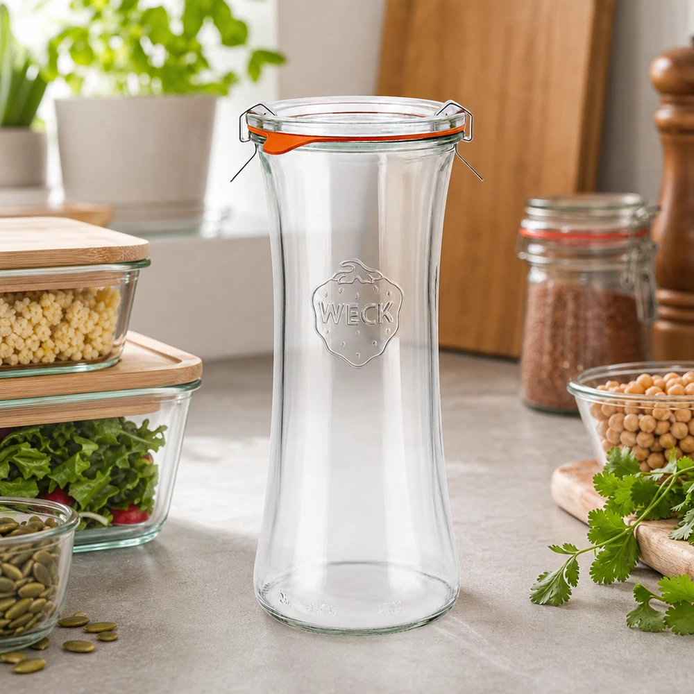 Frasco de charcutaria de 700ml completo WECK RR80 Frasco de charcutaria WECK 700ml RR80 vazio com tampa numa cozinha moderna entre frascos de arrumação e ervas frescas