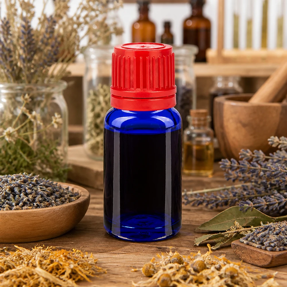 Frasco de boticário azul de 10 ml com tampa vermelha de 11 mm para remédios homeopáticos e essências