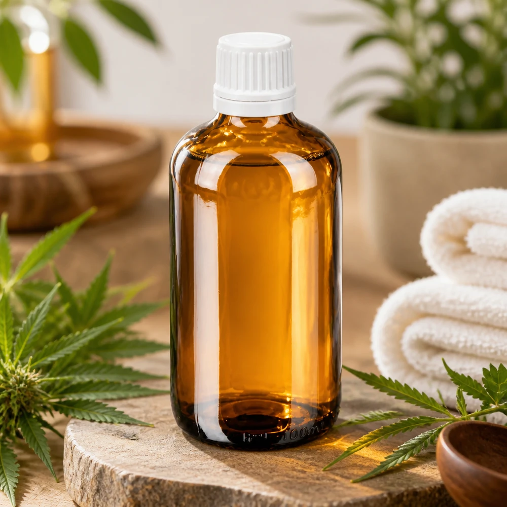 Frasco conta-gotas de vidro castanho de 100 ml com tampa de segurança para crianças branca, entre folhas de canábis