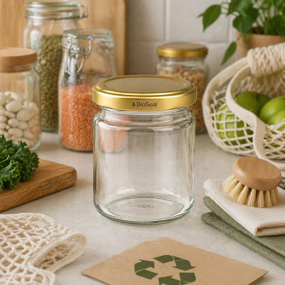 Frasco de conserva UNiTWIST Runda53 com tampa dourada TO43 BioSeal em cozinha sustentável com símbolo de reciclagem