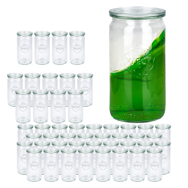 Conjunto de 48 frascos Weck frascos cilíndricos de 340ml com 48 tampas de vidro Conjunto de 48 frascos Weck frascos cilíndricos de 340ml com 48 tampas de vidro