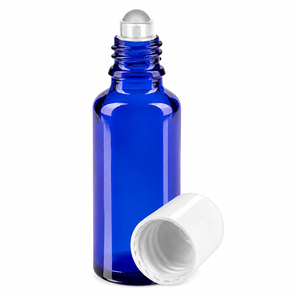 Frasco roll-on azul de 30 ml com tampa branca e rolo de vidro de farmácia