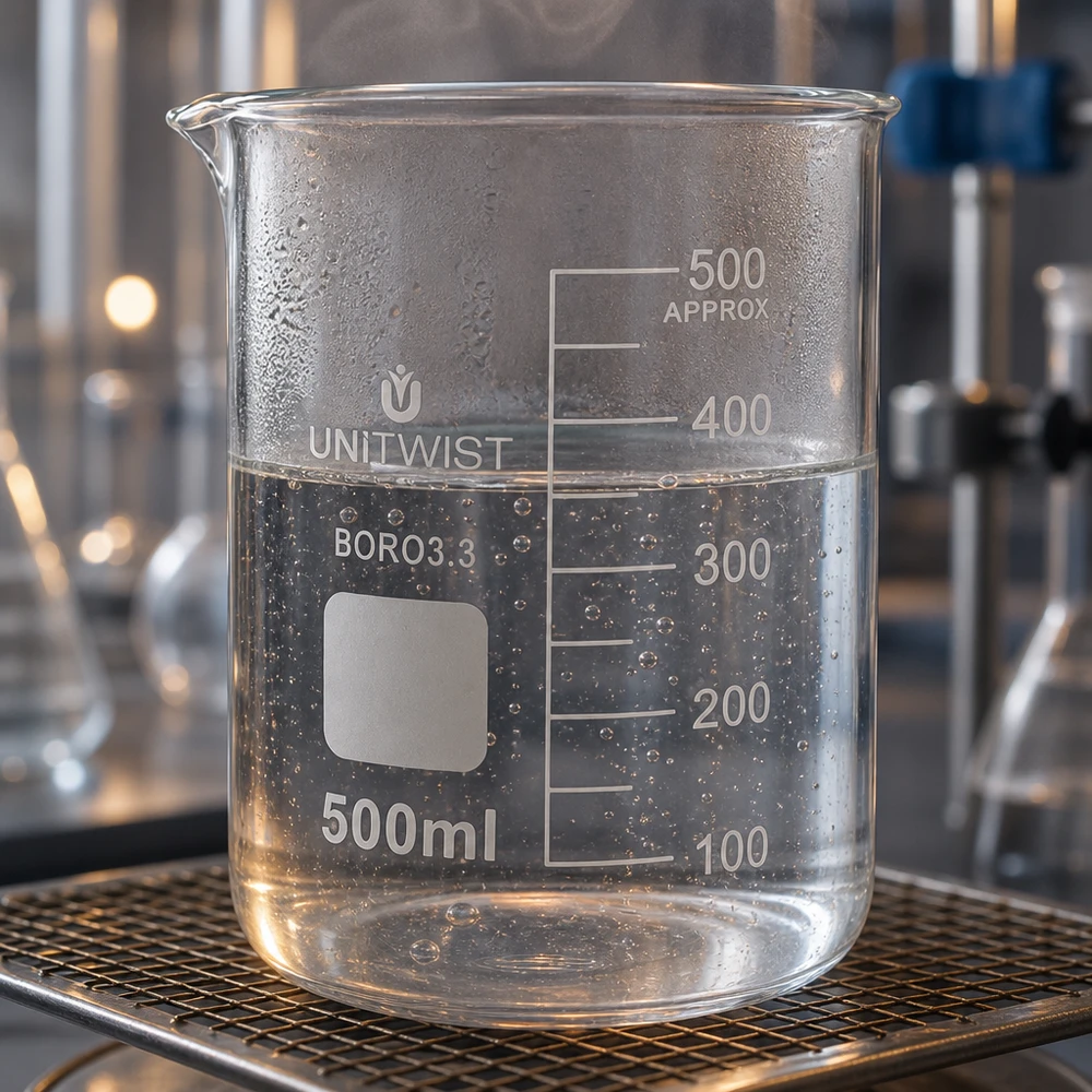 Copo 500 ml de borossilicato, baixo teor de bolor UNiTWIST Copo de laboratório transparente de 500 ml UNiTWIST BORO3.3 sobre uma base de rede metálica, cheio de água