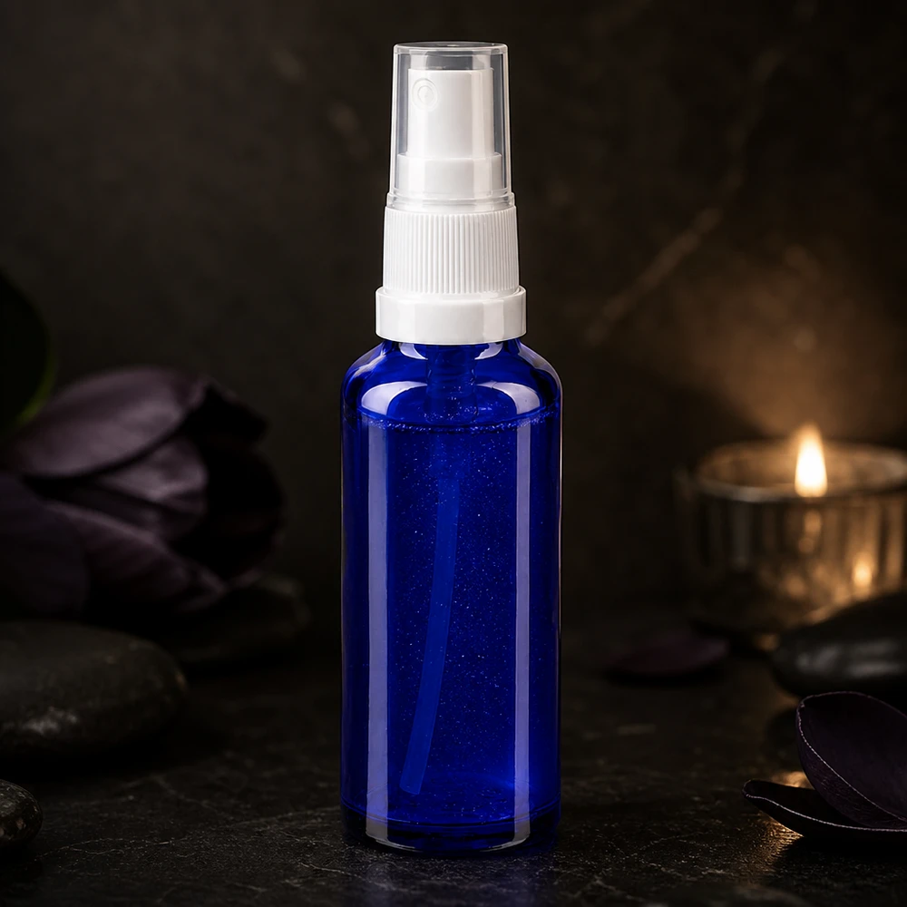 Frasco pulverizador de 10 ml em vidro de farmácia, azul cobalto, com bico de pulverização branco, sobre um fundo escuro de spa