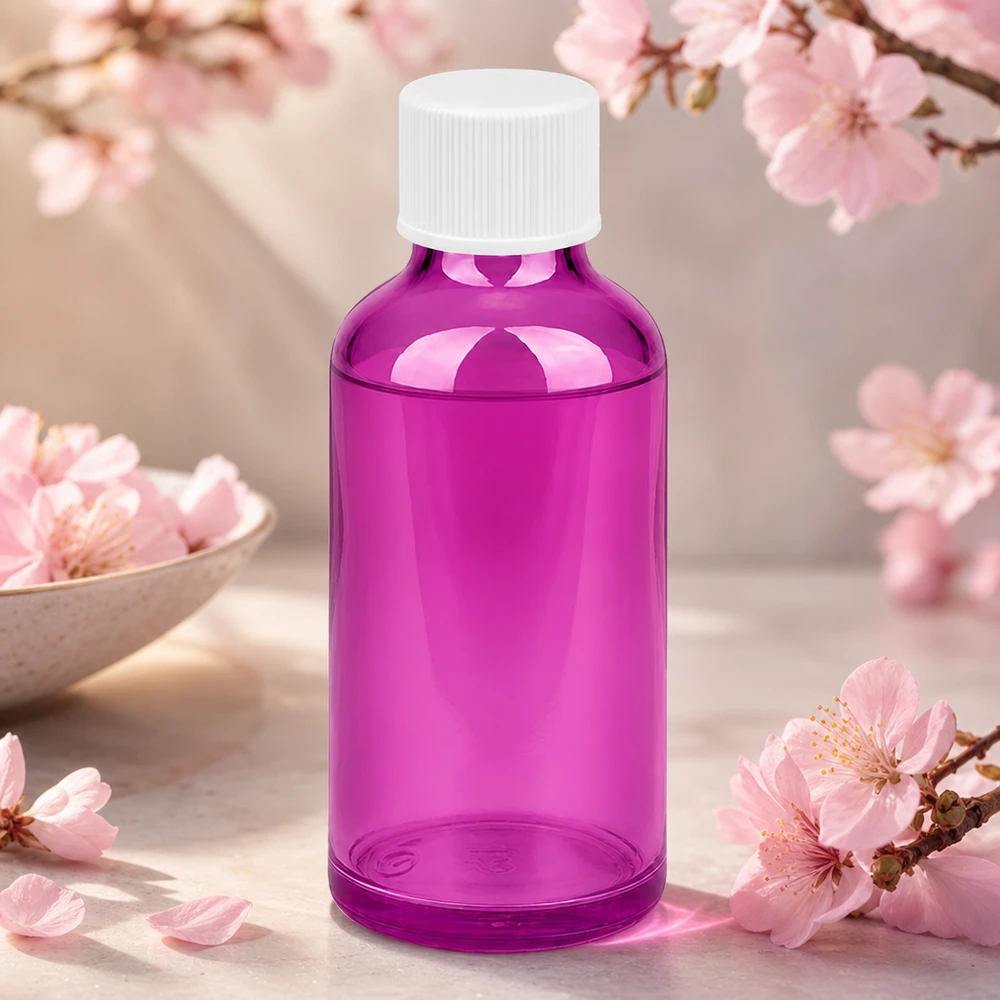 Frasco elegante de 50 ml em violeta transparente com tampa branca para produtos cosméticos de alta qualidade