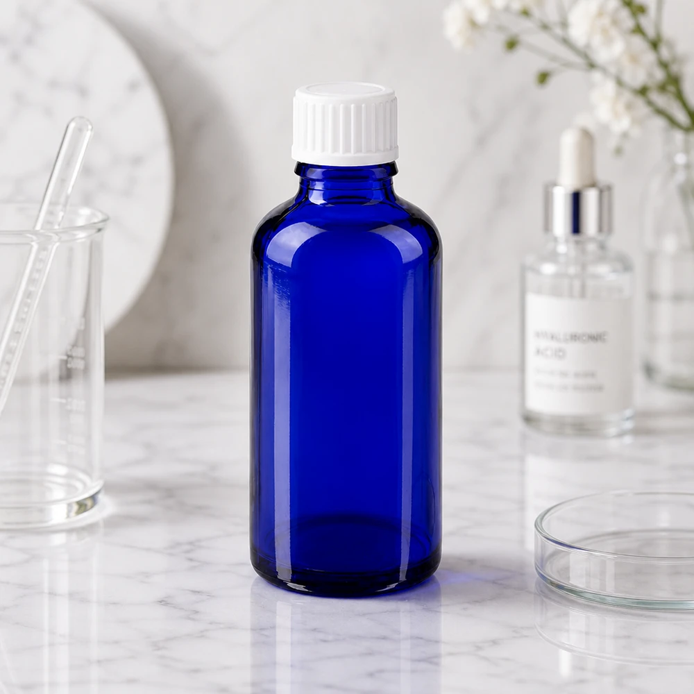Frasco de farmácia azul cobalto de 50 ml com tampa branca padrão e parede de vidro com 3 mm de espessura