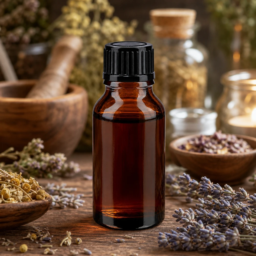 Frasco de vidro castanho com proteção contra a luz, 15 ml, com tampa conta-gotas preta, rodeado de lavanda e ervas aromáticas