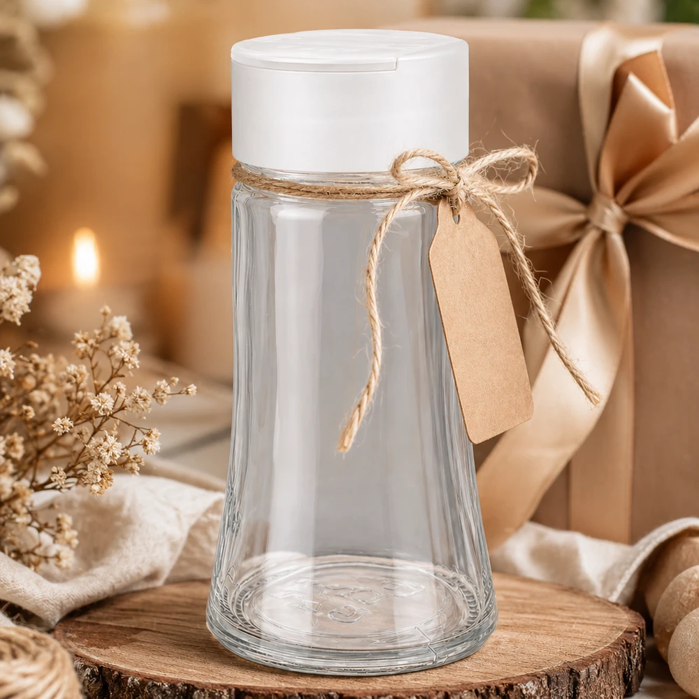 Frasco para sal/especiarias de 95 ml com espalhador duplo, branco Frasco transparente para especiarias de 95 ml com tampa branca dupla para espalhar, fita de presente e etiqueta de papel kraft