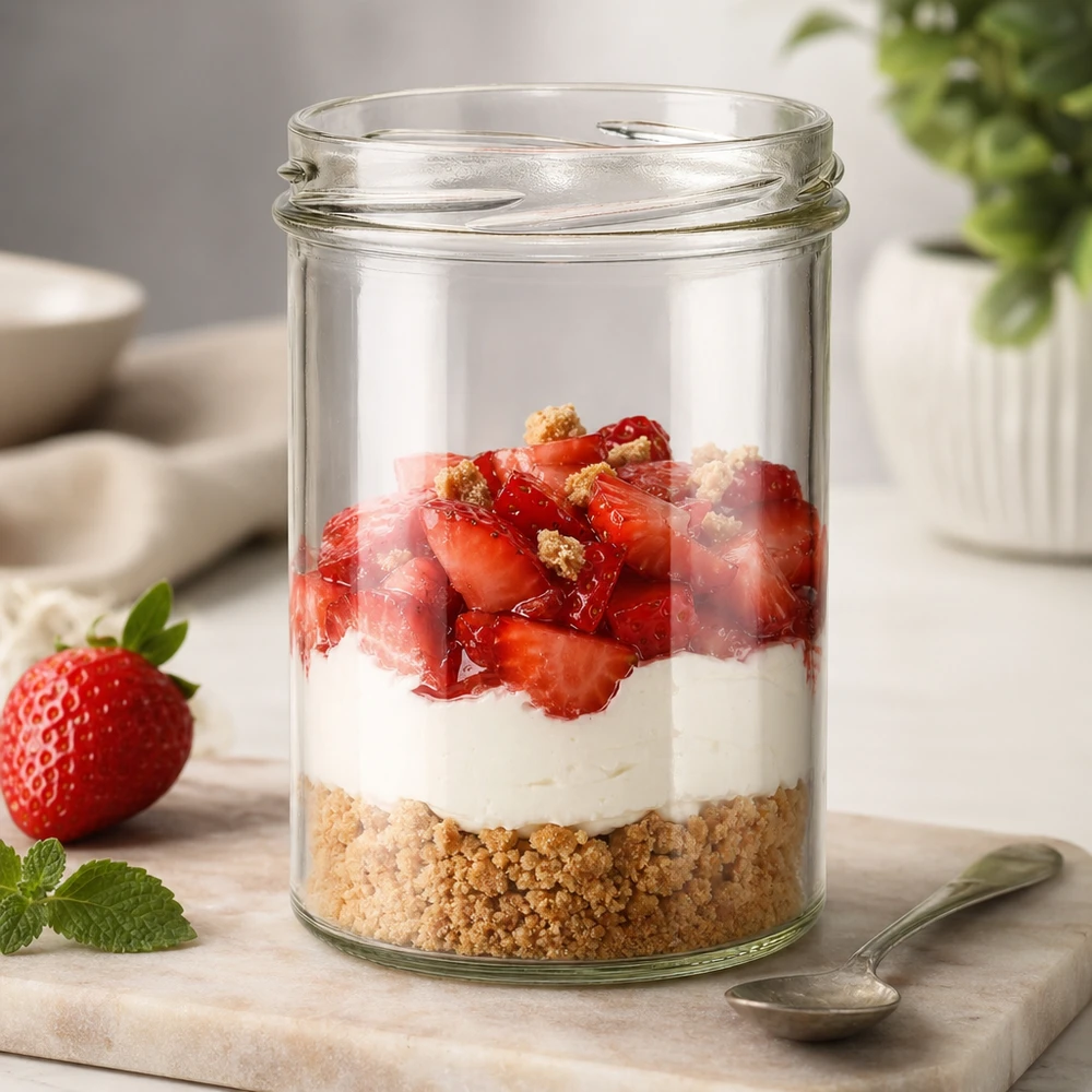Copos de vidro de 435ml sem tampa (TO82) UNiTWIST Frasco de conserva UNiTWIST Sturz435 435ml com sobremesa de morango em camadas TO82 fio para sobremesas doces e parfait