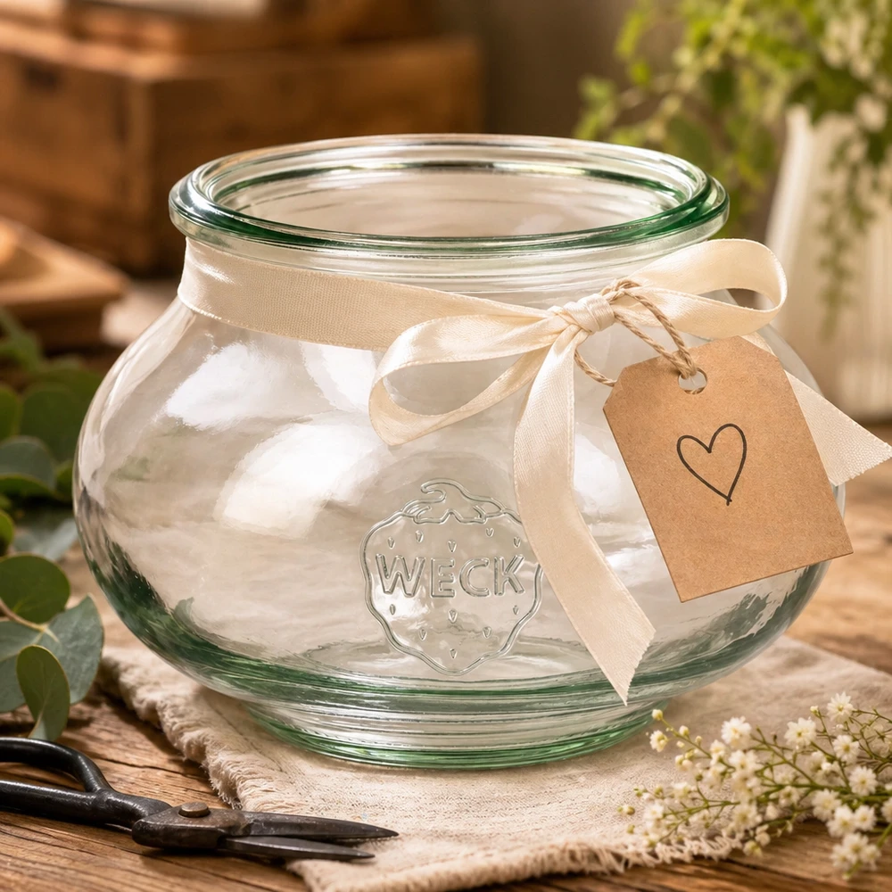 Frasco decorativo WECK RR80 de 560 ml Jarro decorativo WECK 560ml RR80 decorado com fita de cor creme e pendente em forma de coração sobre uma mesa de madeira