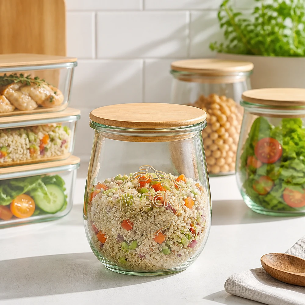 Frasco tulipa WECK 220ml RR60 tampa de madeira para preparação de refeições - frasco de arrumação com salada de vegetais de quinoa numa cozinha moderna