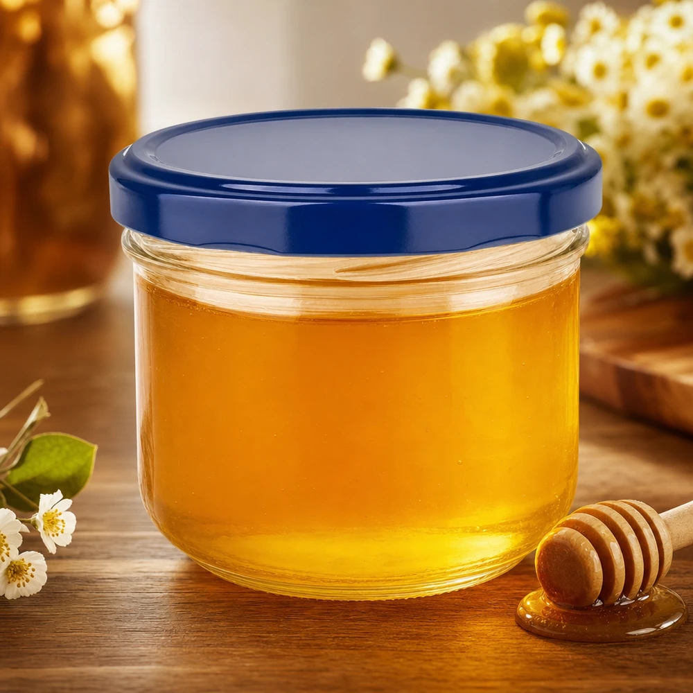 Frasco de vidro de 260 ml com tampa BasicSeal azul cheio de mel - frasco de rosca ideal para compotas e pastas para barrar