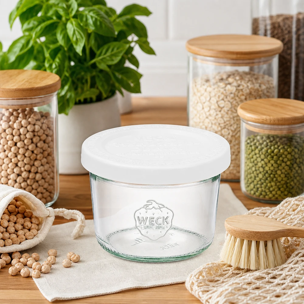 Frasco de vidro de 80 ml com tampa hermética WECK RR60 Copos WECK 80ml RR60 em cozinha sustentável com frascos de armazenamento de legumes e utensílios de desperdício zero em madeira