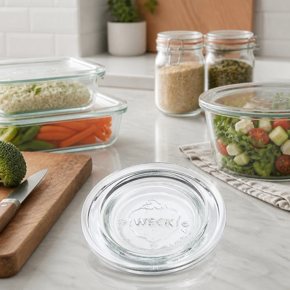 Tampa de vidro WECK RR40 para preparação e armazenamento de refeições em cozinhas modernas com legumes e especiarias