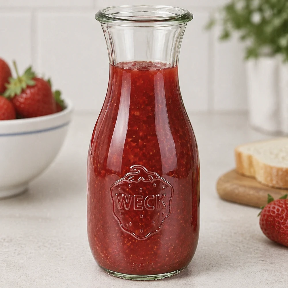Garrafa para sumo WECK RR60 de 530 ml WECK Saftflasche 530ml RR60 mit rotem Erdbeermus gefüllt neben frischen Erdbeeren und Brot in heller Küche