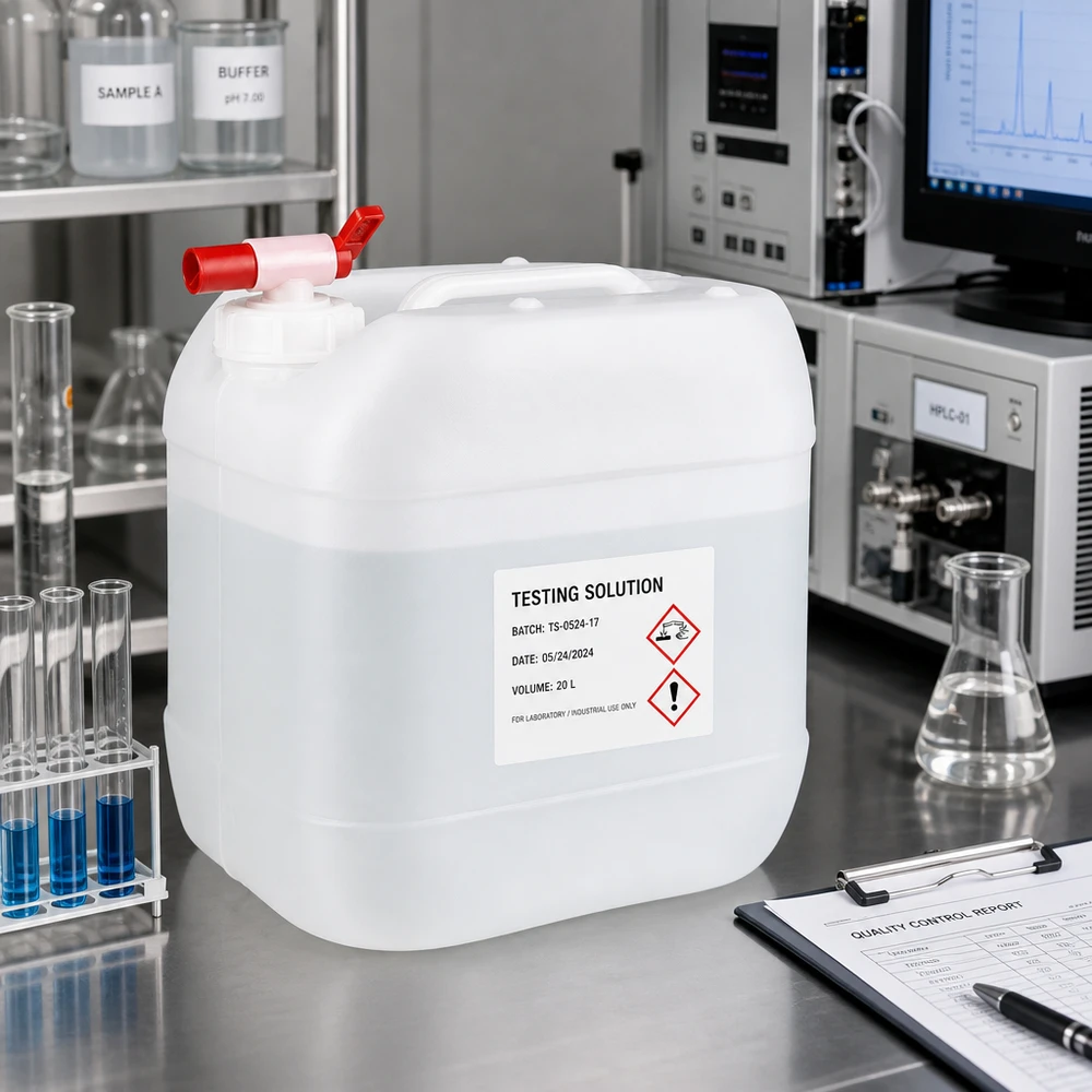 Recipiente de plástico transparente de 15 litros com rotulagem de perigo GHS para utilização em laboratório