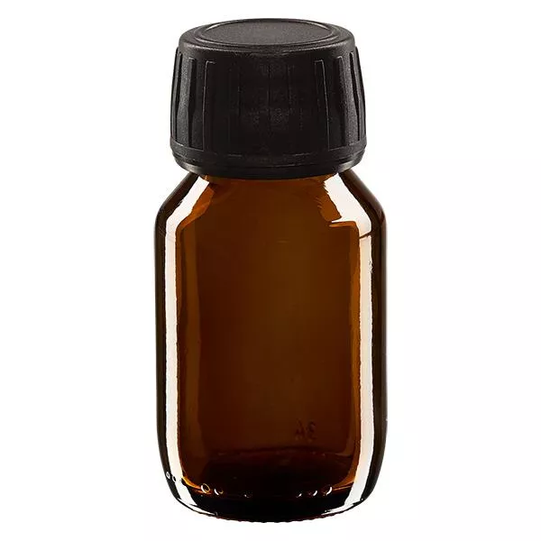 Frasco para medicamentos de 50ml castanho, tampa preta com anel inviolável ApoGlas Frasco para medicamentos de 50ml castanho, tampa preta com anel inviolável ApoGlas