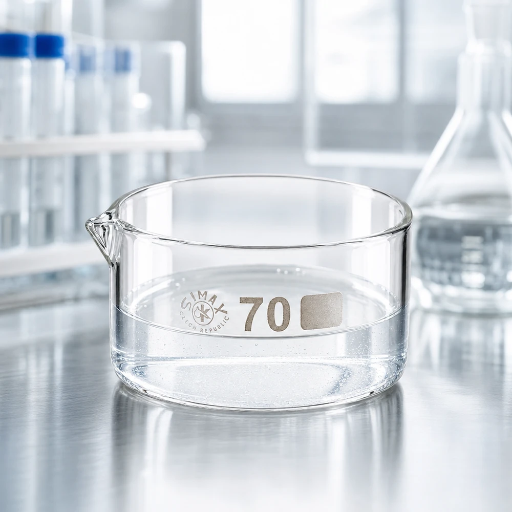 Taça de cristalização vazia de 100 ml, em vidro de laboratório, com bico curto sobre uma superfície de aço inoxidável