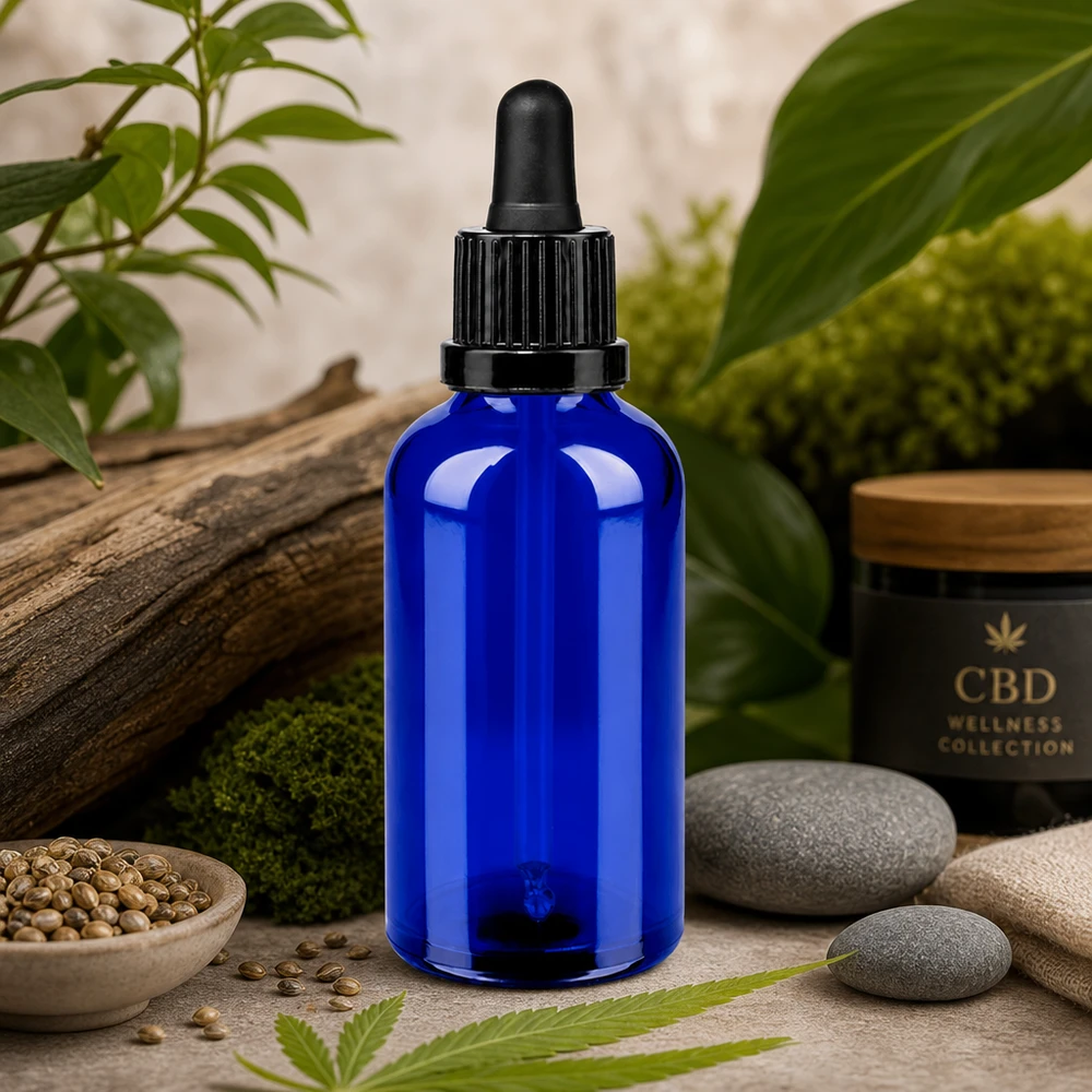 Frasco de pipeta Premium 50ml em elegante azul cobalto com tampa ergonómica preta com conta-gotas