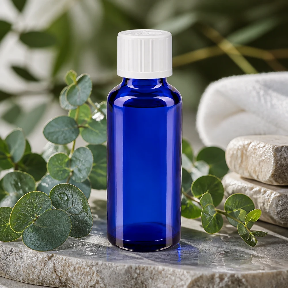 Frasco de farmácia azul 30ml tampa de rosca branca padrão resistente a crianças Frasco de farmácia azul de 30 ml com tampa de rosca branca, sobre pedra natural com ramos de eucalipto