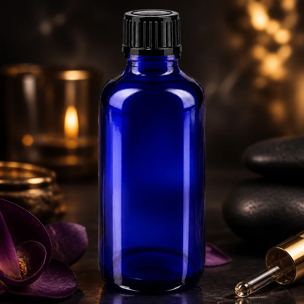 Garrafa de vidro azul de 50 ml com tampa preta ao lado de flores de orquídea e pedras de massagem