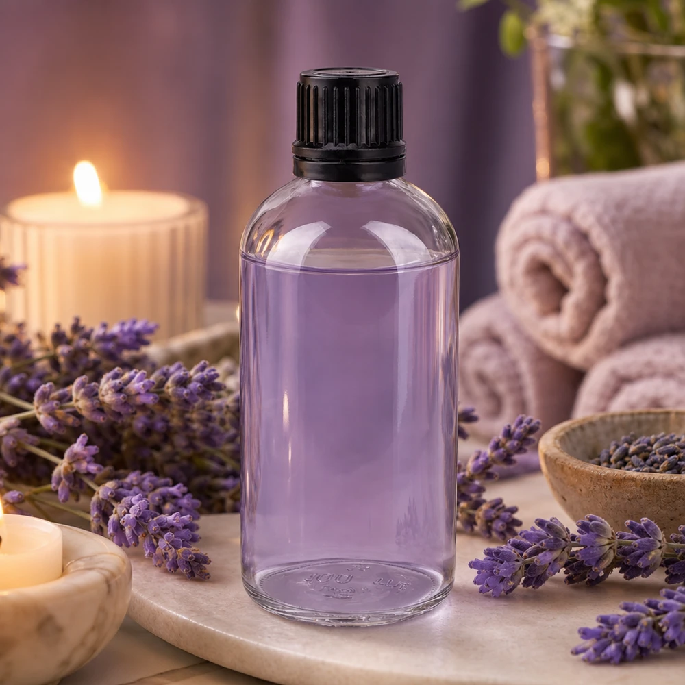 Frasco de vidro de 100 ml com óleo de lavanda, apresentado num ambiente de spa com velas e toalhas