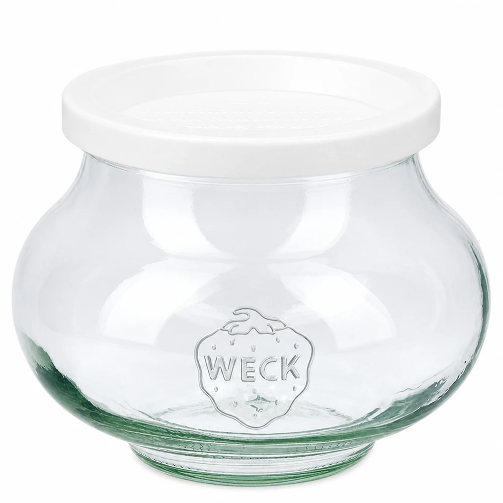 Frasco decorativo WECK 560ml com tampa branca de frescura RR80 em vidro transparente com o logótipo WECK gravado
