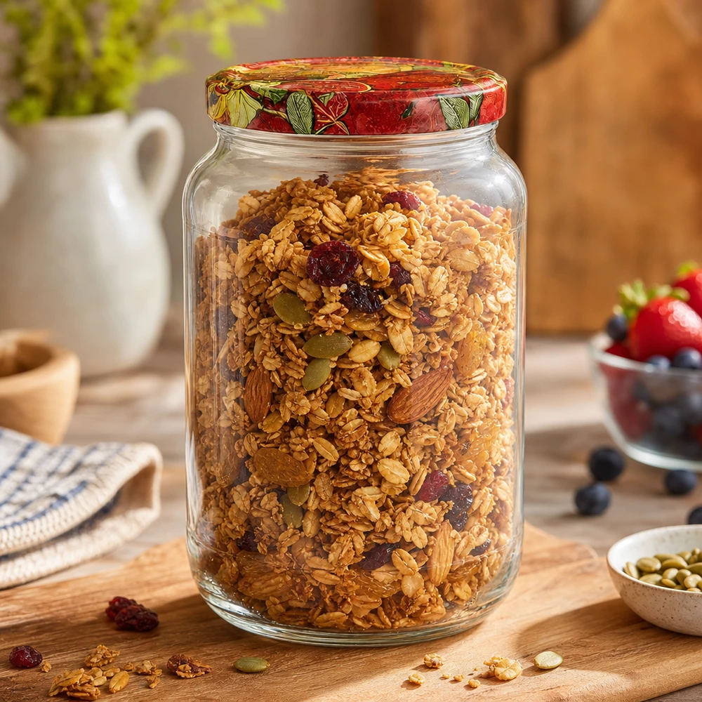 Frasco redondo de 1062 ml com tampa BasicSeal para decoração de fruta, cheio de muesli, granola, frutos secos, frasco de armazenamento para pequeno-almoço