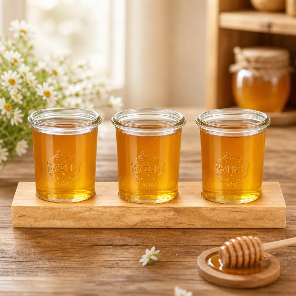 Três copos Weck de 160 ml com mel dourado numa tábua de servir Plano3, ao lado de uma colher de mel e de uma decoração de flores