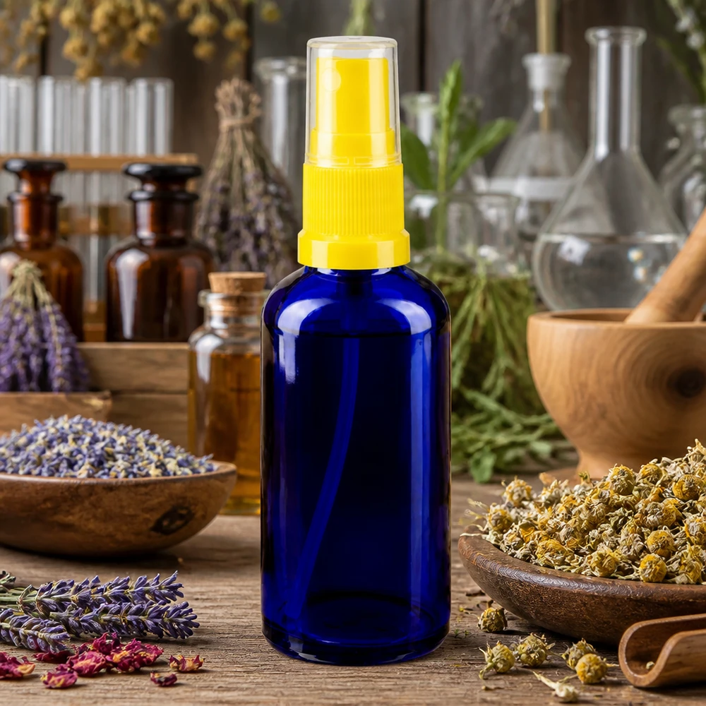 Frasco de farmácia azul 50ml spray top amarelo Frasco pulverizador de vidro azul de 50 ml com bomba pulverizadora amarela, entre a lavanda e as ervas aromáticas