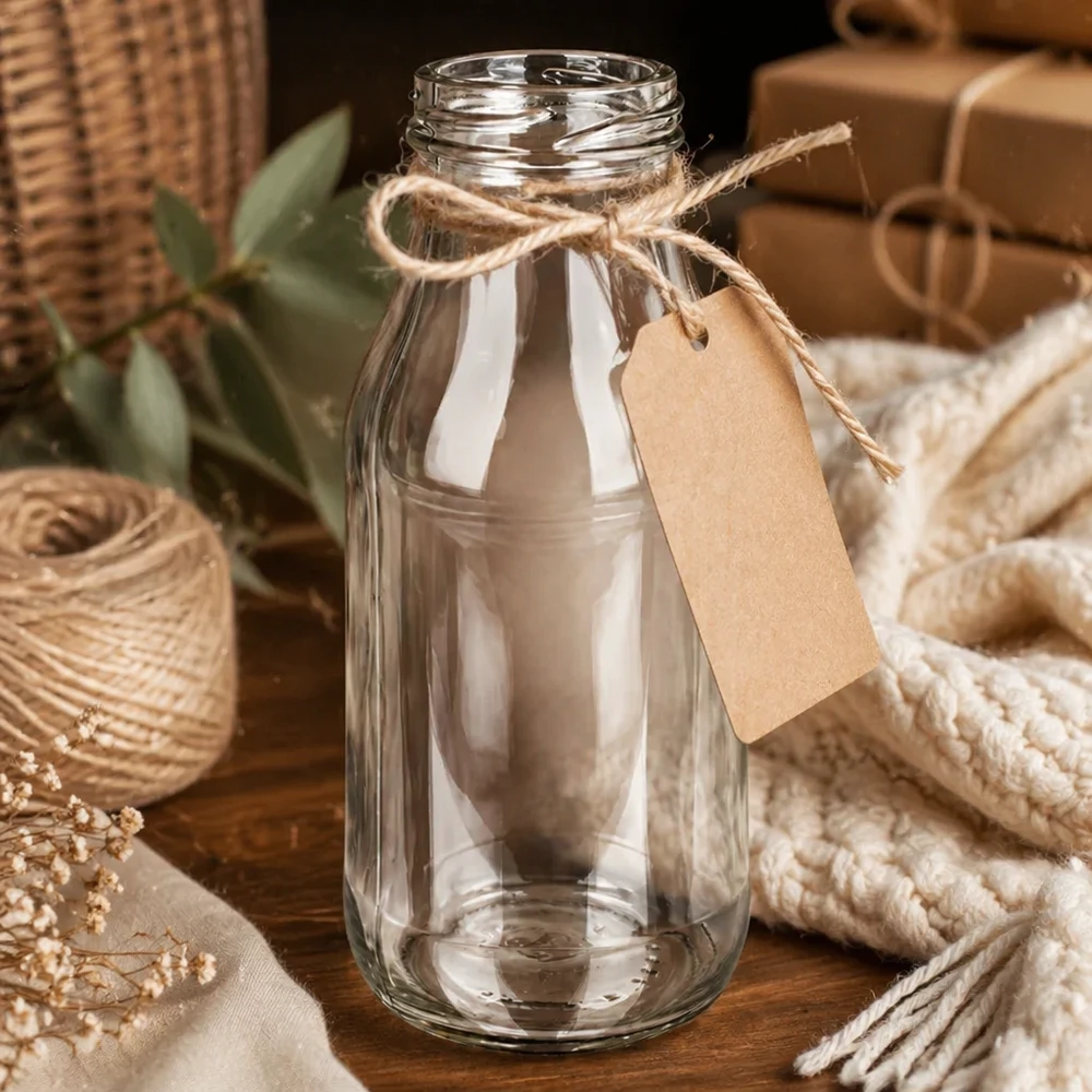 Garrafa de vidro 263ml TO43 UNiTWIST Bottle263 com cordão de juta e pendente sobre mesa de madeira com decoração