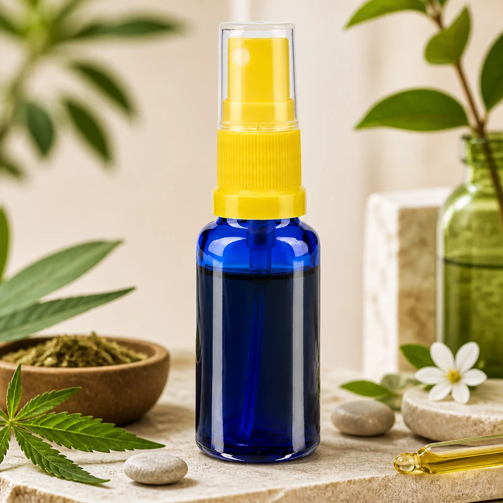 Frasco de farmácia azul 20ml spray top amarelo Pequeno frasco de farmácia com pulverizador de 20 ml, em vidro azul com pulverizador amarelo